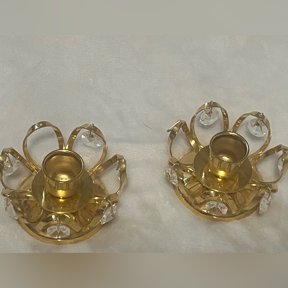 Vintage Gold Candle Votives Flower Shaped with dangling crystals, in good shape - Picture 5 of 6